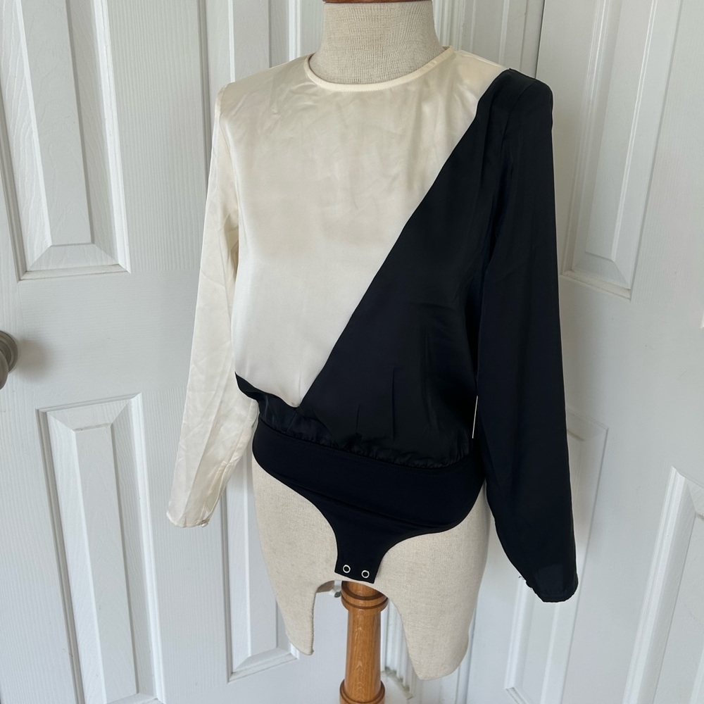 Express Cream and Black Asymmetrical Bodysuit
